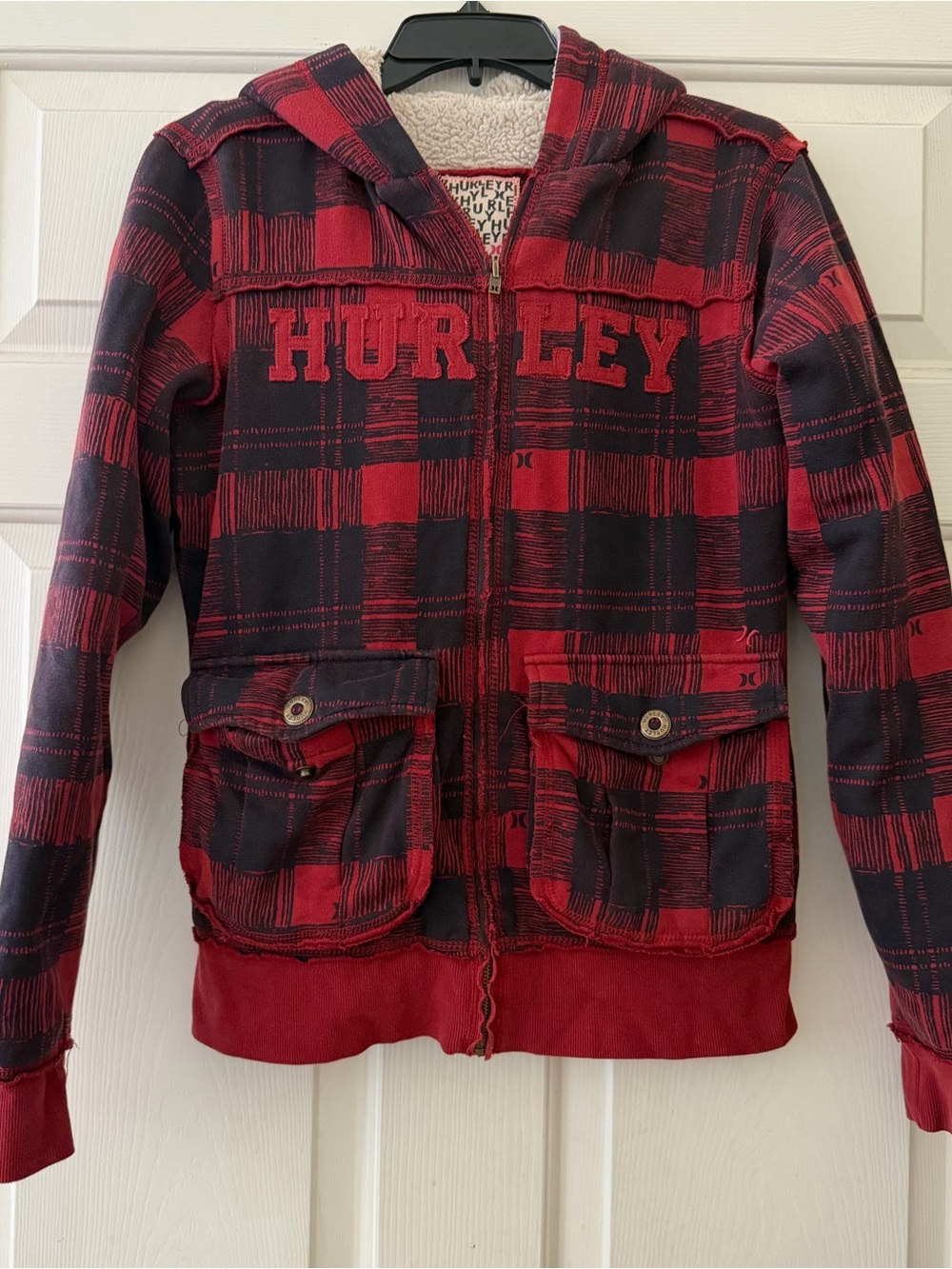 Hurley Y2K Red Black Plaid Full Zip Hooded Jacket Sherpa Lined Size Medium M